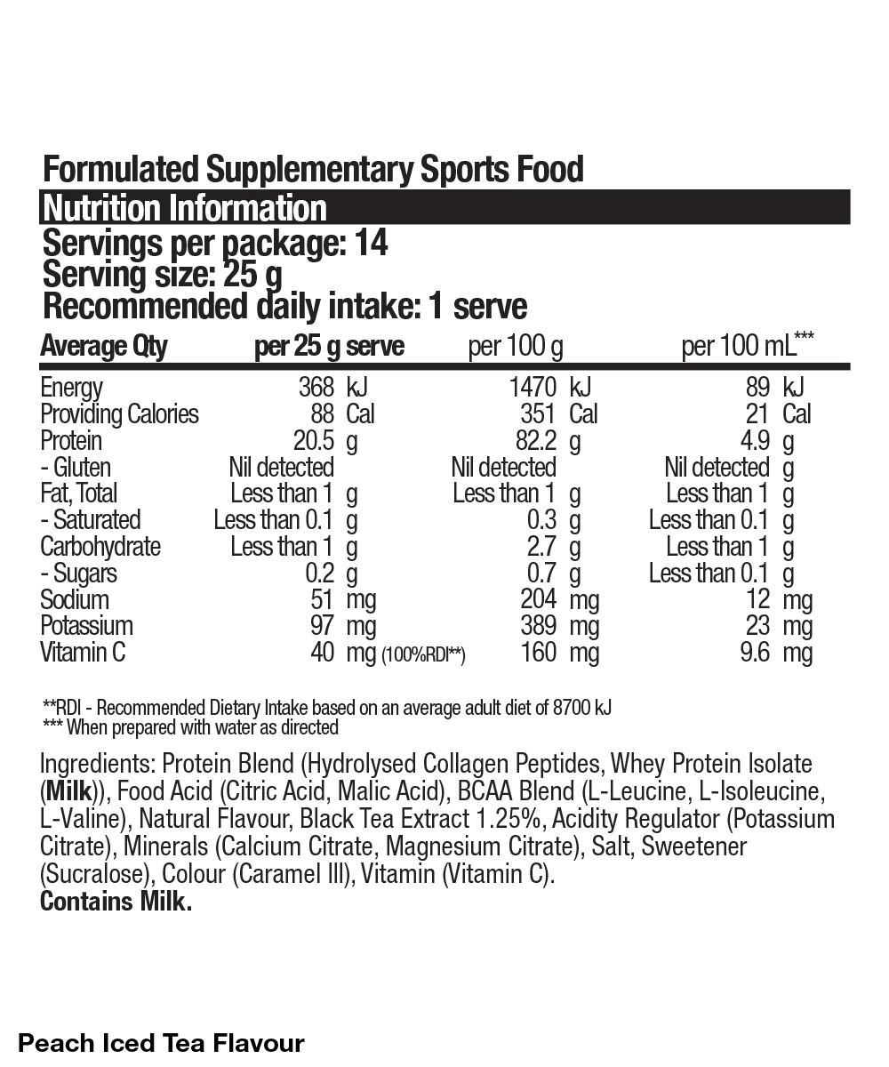 Collagen Protein Water Peach Iced Tea Nutrition Panel