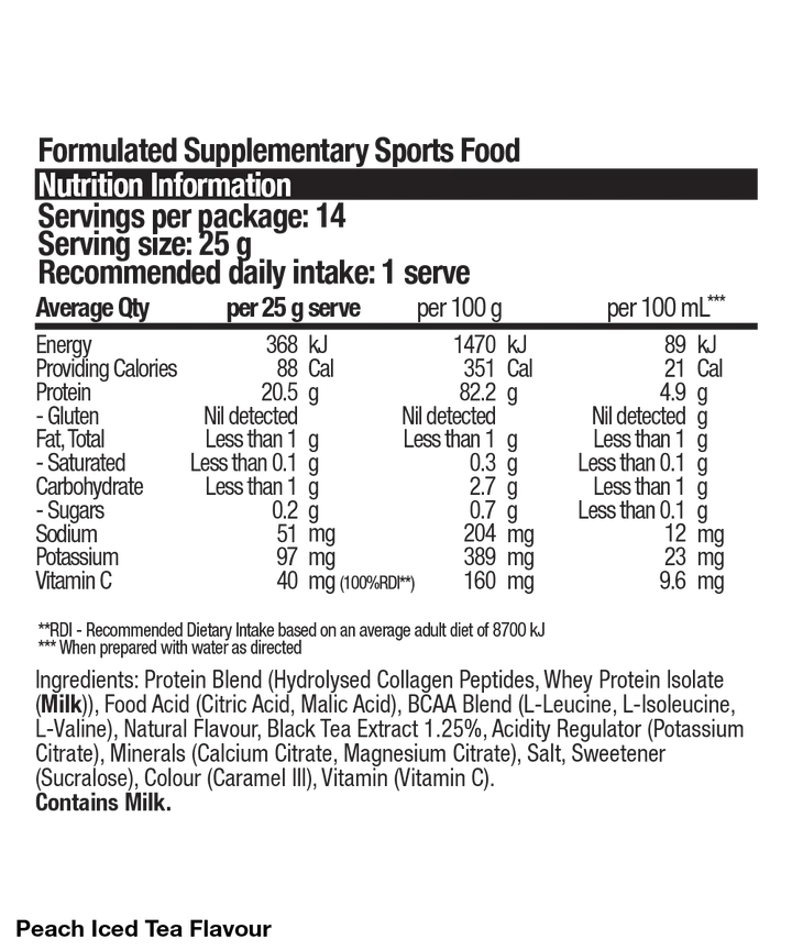 Collagen Protein Water Peach Iced Tea Nutrition Panel