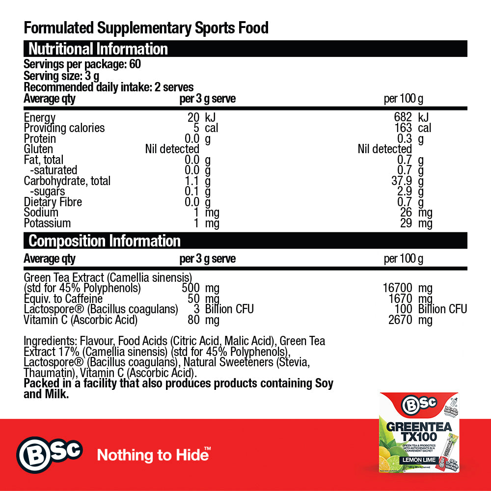 Green Tea TX100 - Lemon Lime nutrition information panel