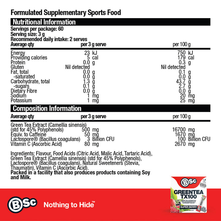 Green Tea TX100 - Super Berry nutrition information panel