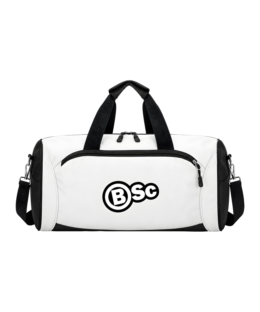 BSc Training Duffle Bag in White, front view with zip pocket