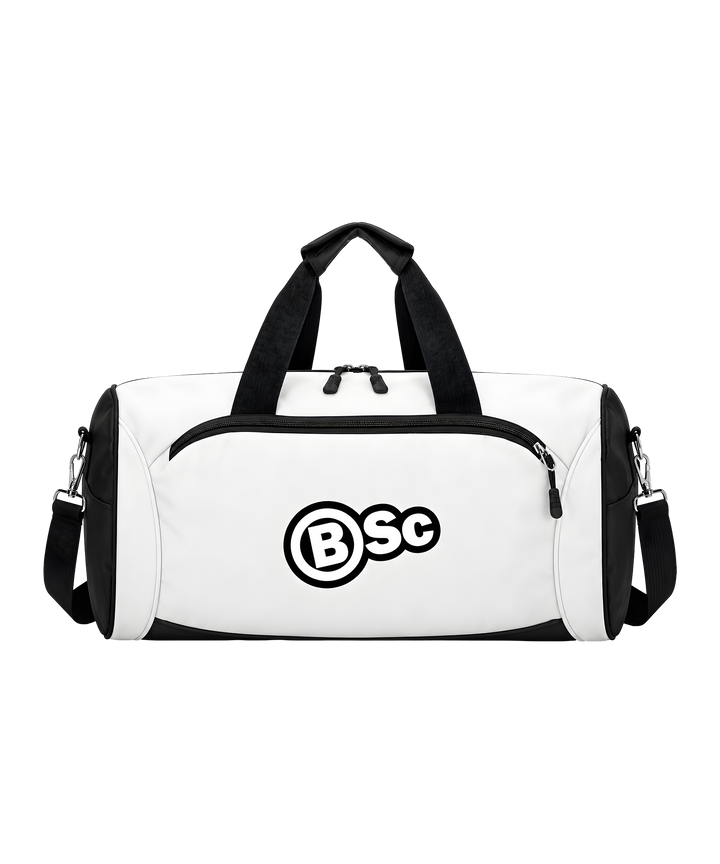 BSc Training Duffle Bag in White, front view with zip pocket