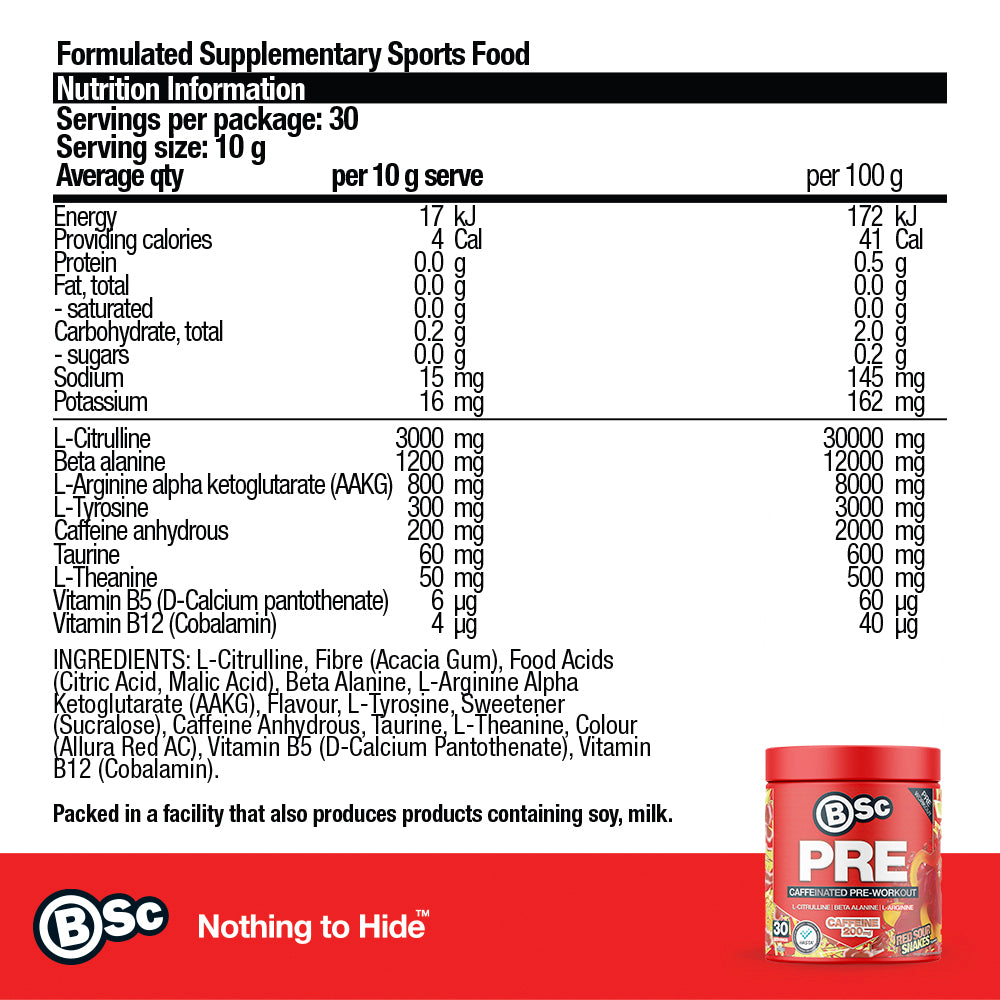 PRE Caffeinated Pre-Workout - Red Sour Snakes nutrition information panel