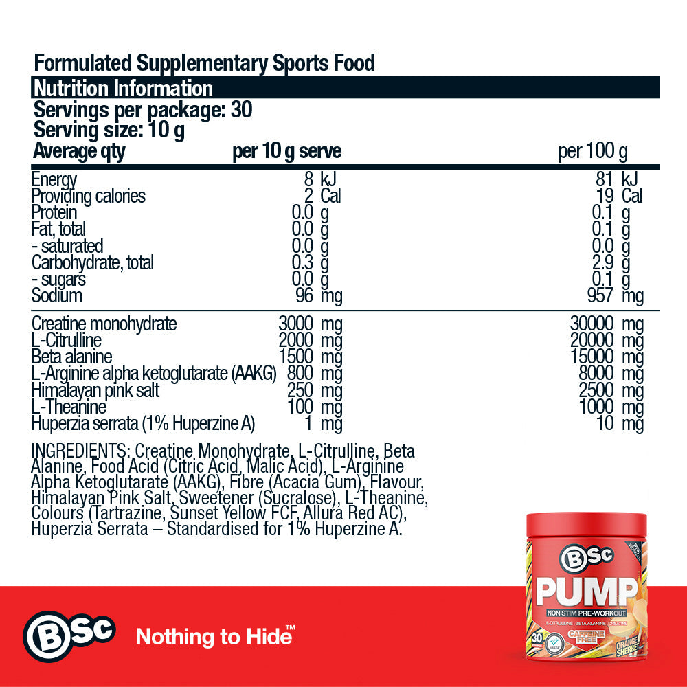 PUMP Non Stim Pre-Workout - Orange Sherbet nutrition information panel