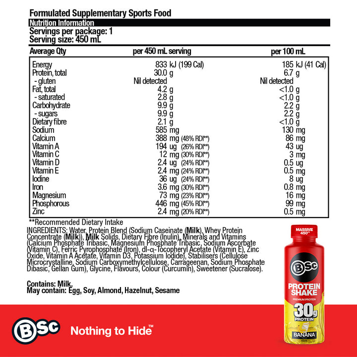 RTD Protein Shake - Banana nutrition information panel