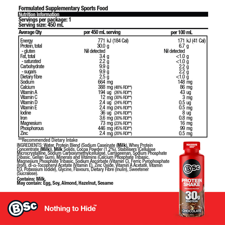 RTD Protein Shake - Chocolate nutrition information panel