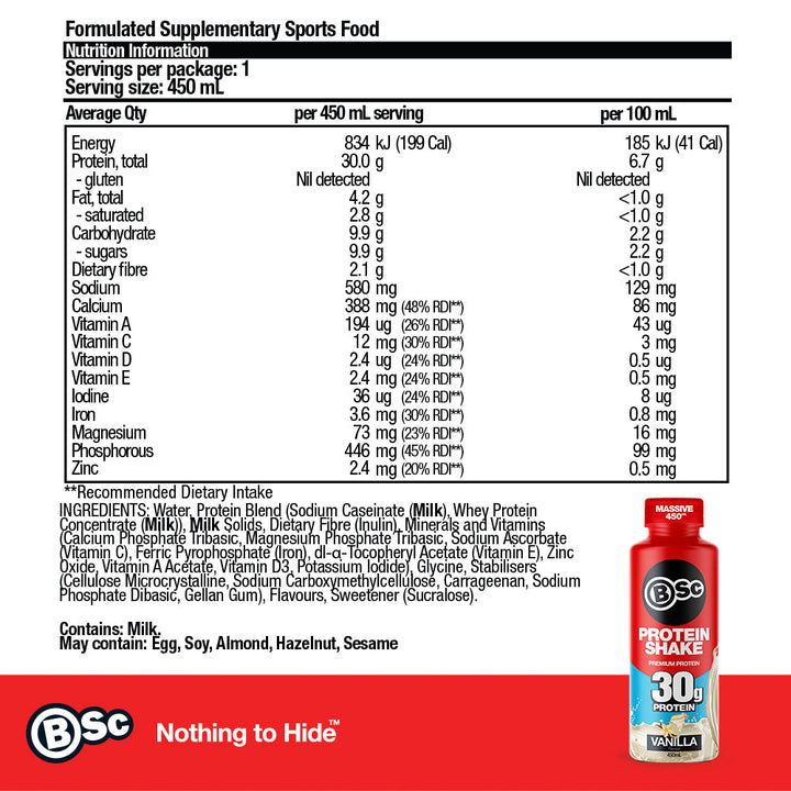 RTD Protein Shake - Vanilla nutrition information panel