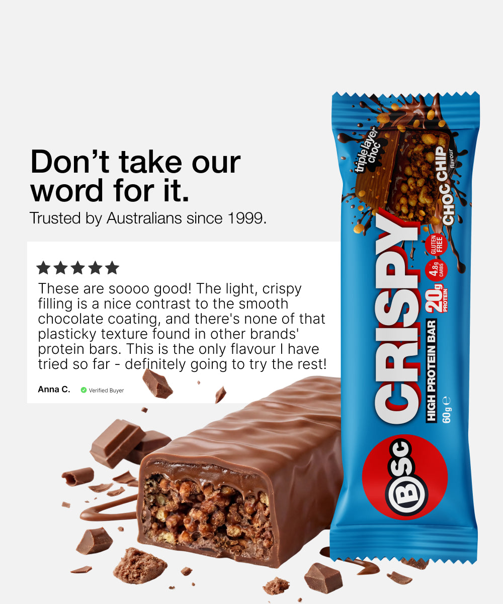 SC Crispy protein bar with chocolate filling on a white background