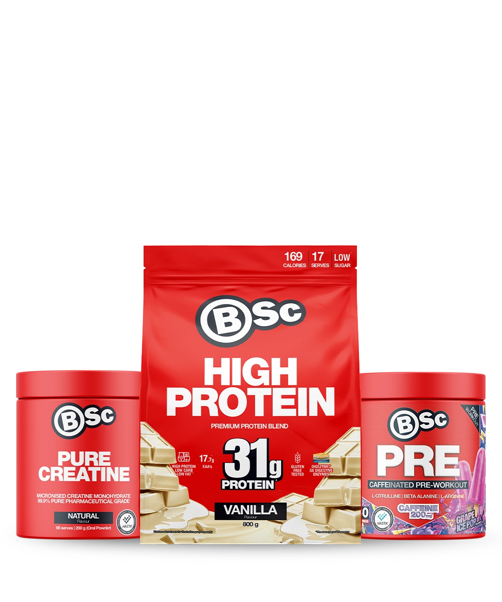 BSc Performance Trio - High Protein 800g Vanilla + Pure Creatine + PRE Caffeinated Pre-Workout Bundle