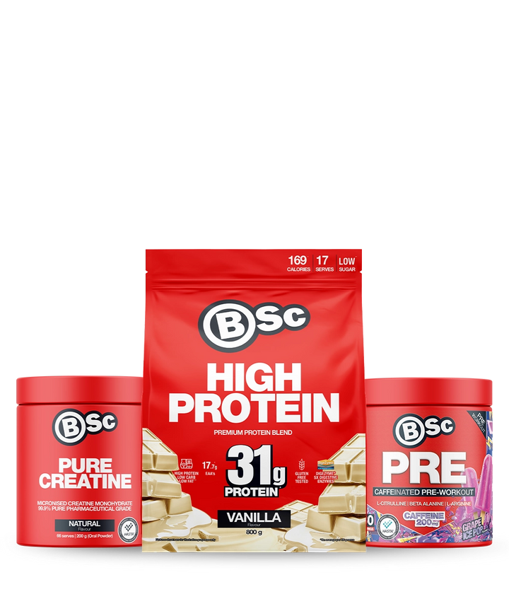 BSc Performance Trio - High Protein 800g Vanilla + Pure Creatine + PRE Caffeinated Pre-Workout Bundle
