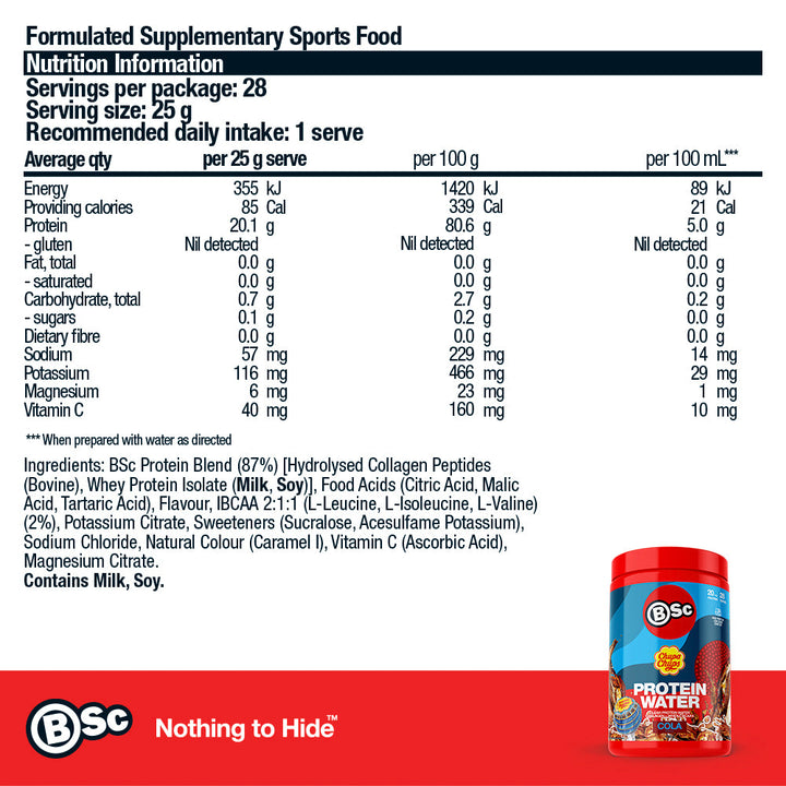 BSc x Chupa Chups Protein Water - 700g Cola nutrition information panel