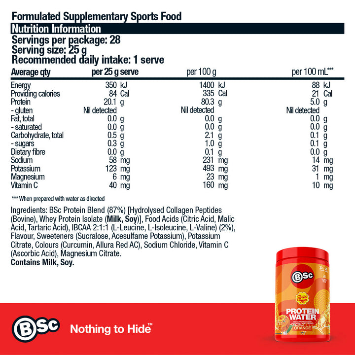 BSc x Chupa Chups Protein Water - 700g Orange nutrition information panel