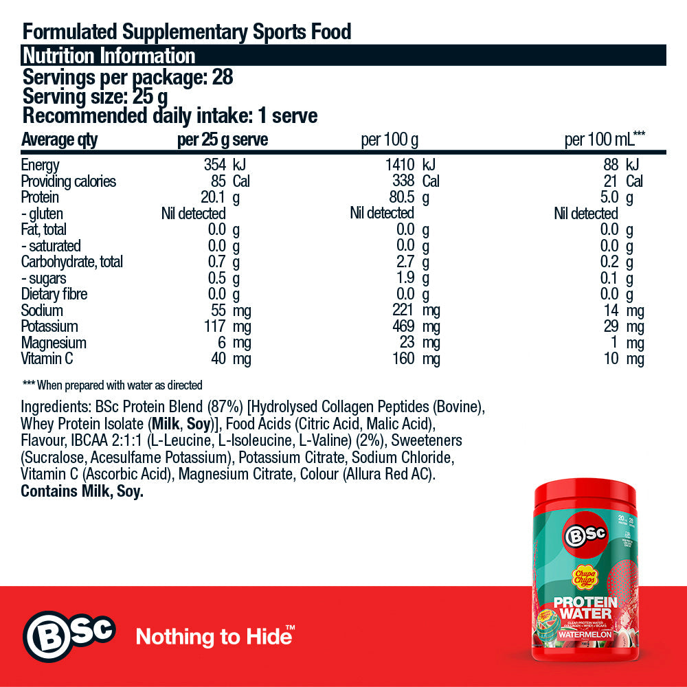 BSc x Chupa Chups Protein Water - 700g Watermelon nutrition information panel