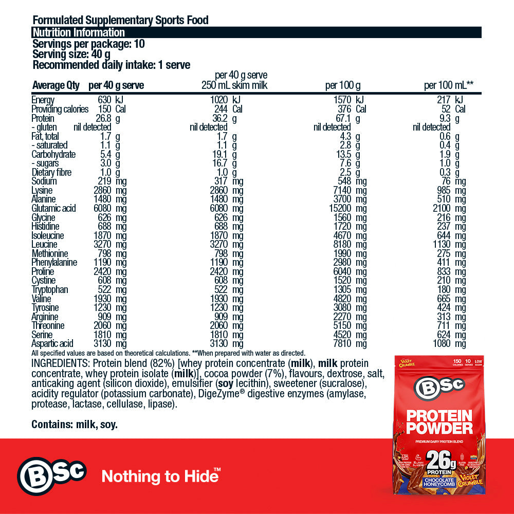 BSc x Violet Crumble Protein Powder - 400g Chocolate Honeycomb nutrition information panel