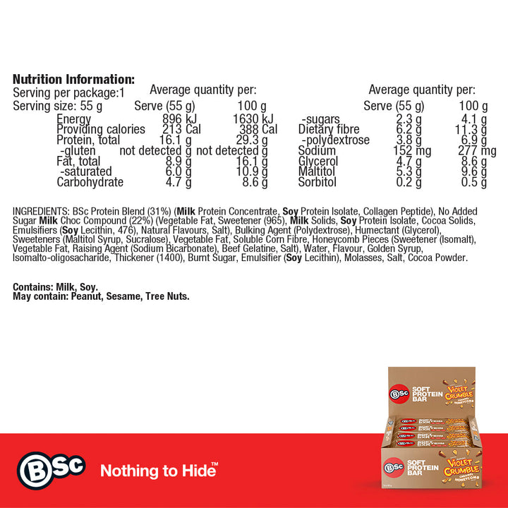 BSc x Violet Crumble Soft Protein Bar 12 Pack - caramel-honeycomb nutrition information panel