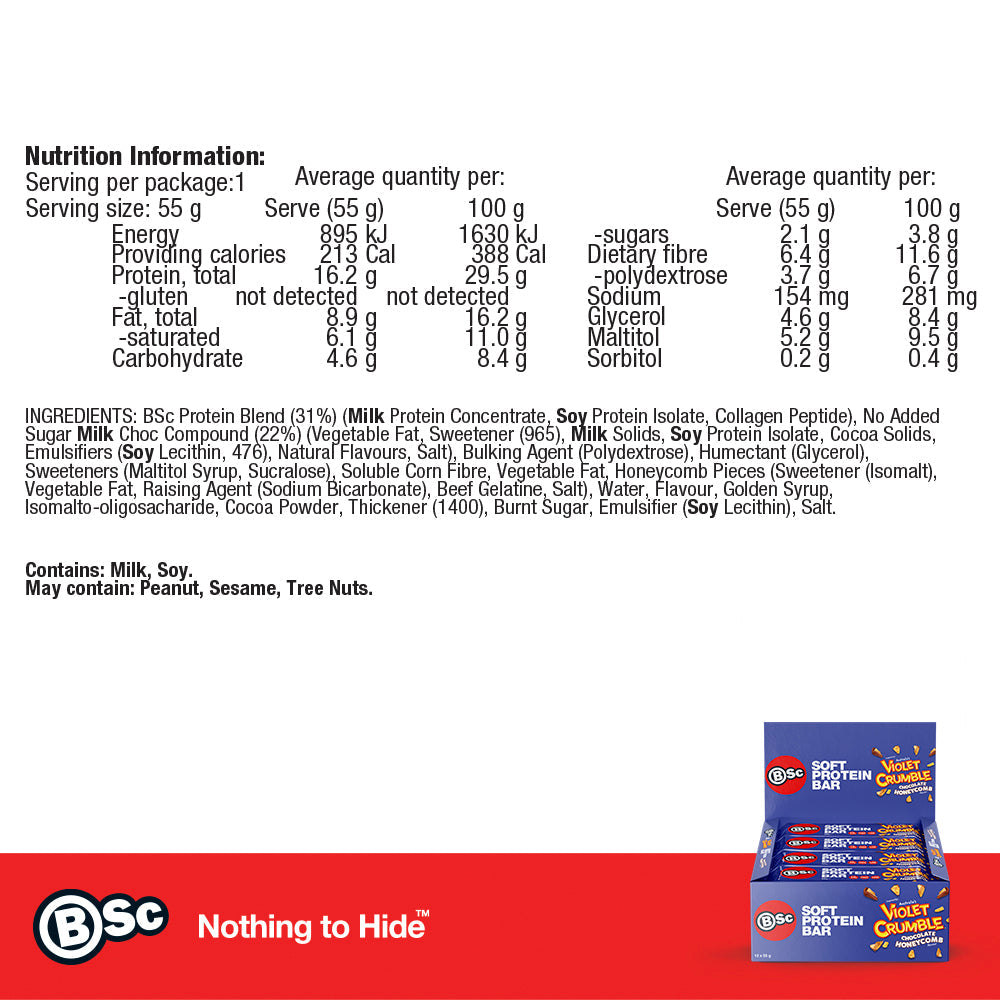 BSc x Violet Crumble Soft Protein Bar - chocolate-honeycomb nutrition information panel