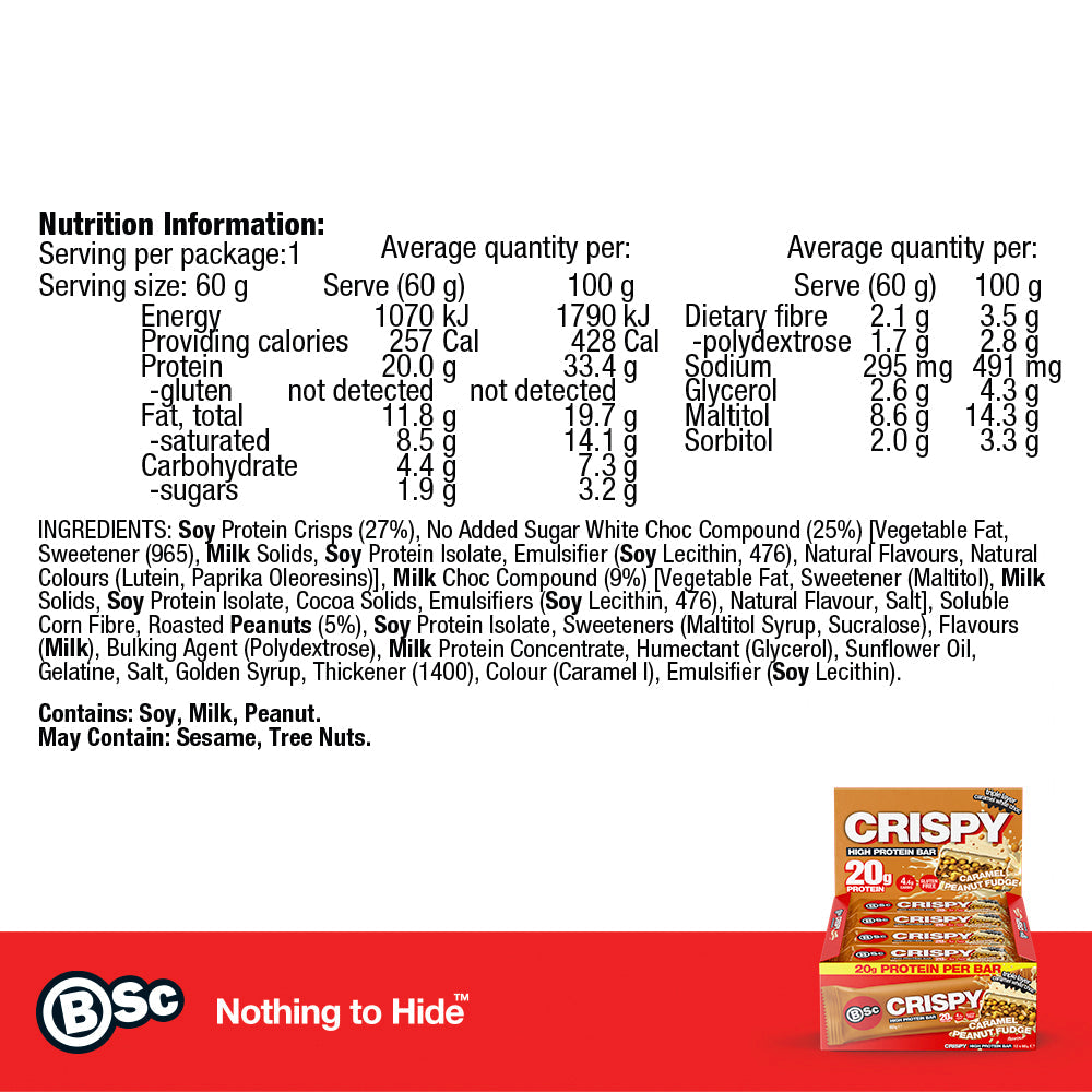 Crispy Protein Bar 12 Pack - caramel-peanut-fudge nutrition information panel
