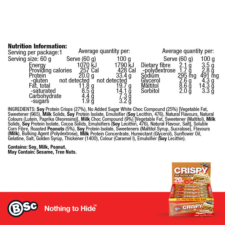 Crispy Protein Bar 12 Pack - caramel-peanut-fudge nutrition information panel