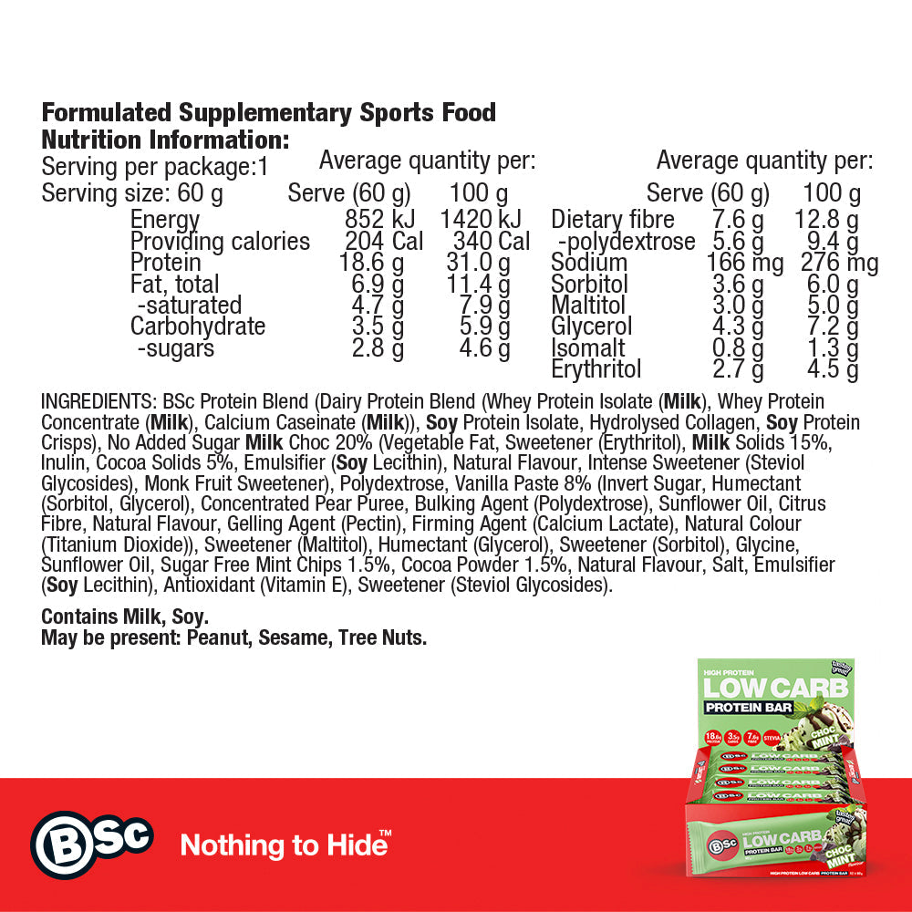 High Protein Low Carb Bar 12 Pack - choc-mint nutrition information panel