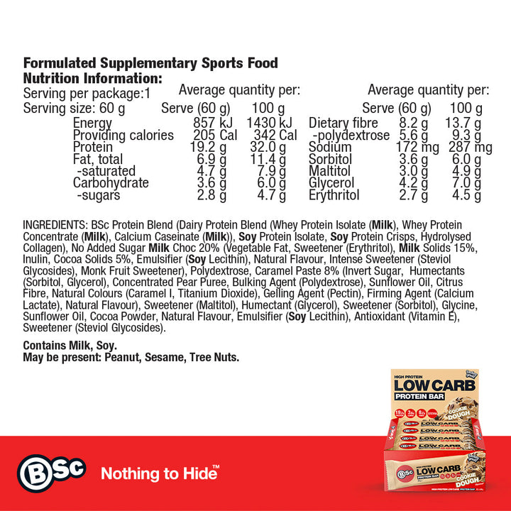 High Protein Low Carb Bar 12 Pack - cookie-dough nutrition information panel