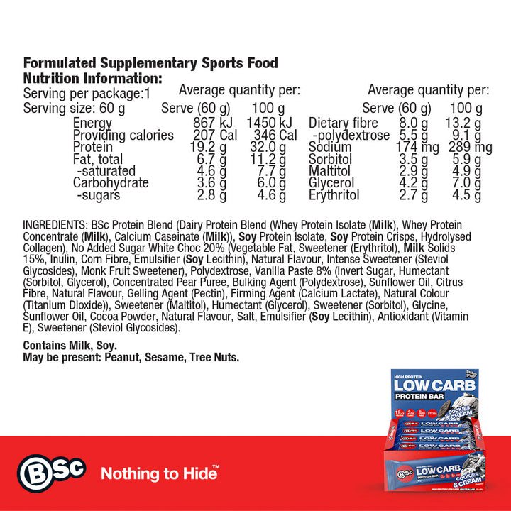 High Protein Low Carb Bar 12 Pack - cookies-and-cream nutrition information panel