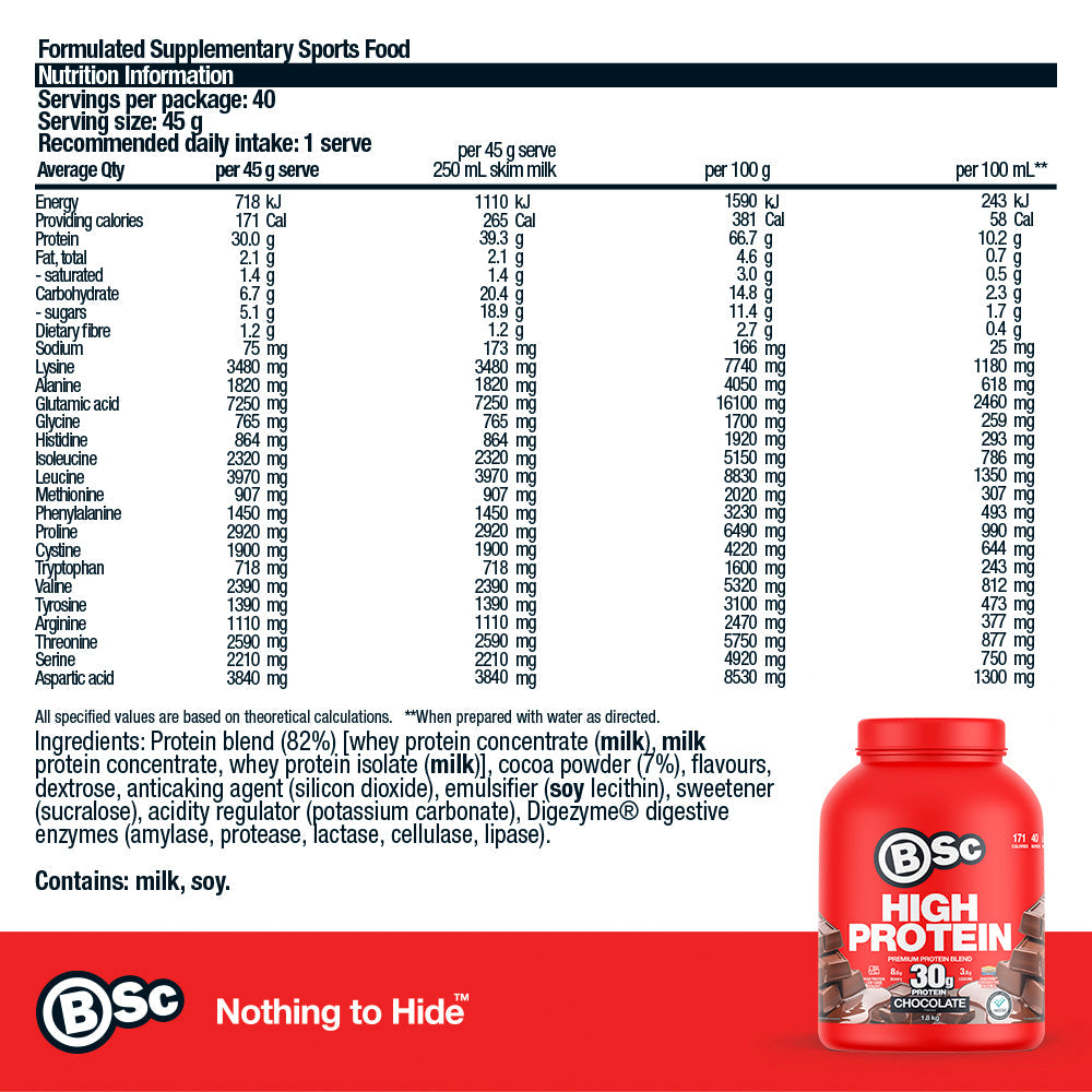 High Protein Powder - 1.8kg Chocolate nutrition information panel