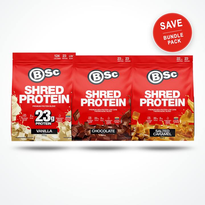 Three packages of BSc Shred Protein with different flavors on a white background.