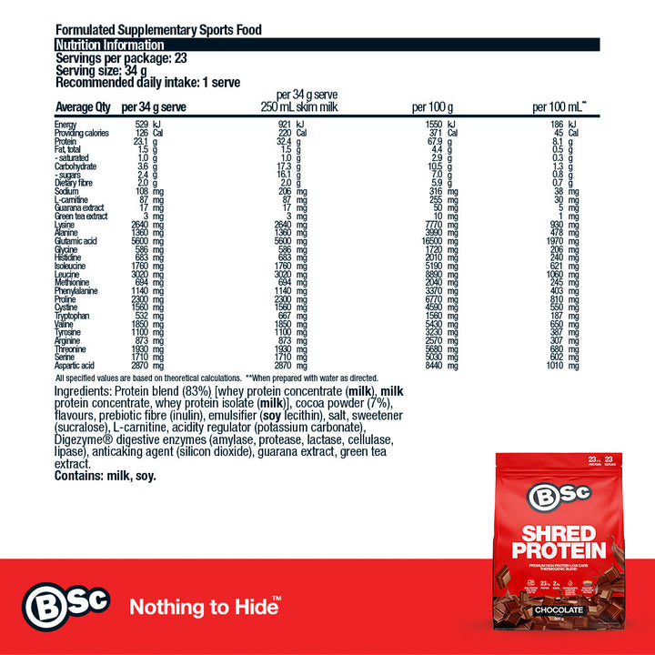 Shred Protein Powder - 800g Chocolate nutrition information panel