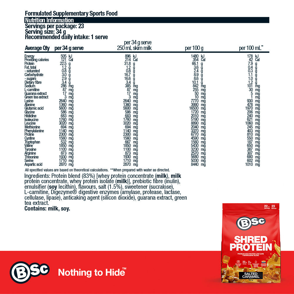 Shred Protein Powder - 800g Salted Caramel nutrition information panel