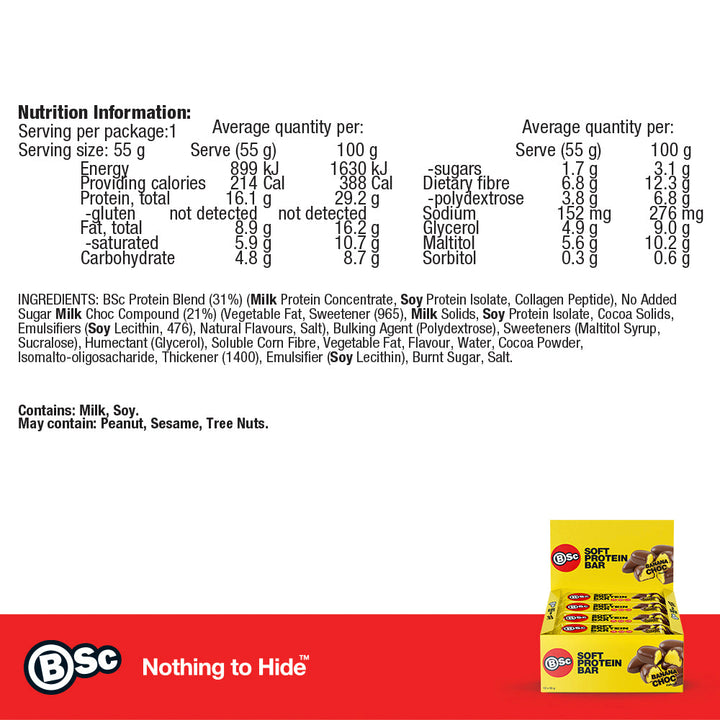 Soft Protein Bar 12 Pack - banana-choc nutrition information panel
